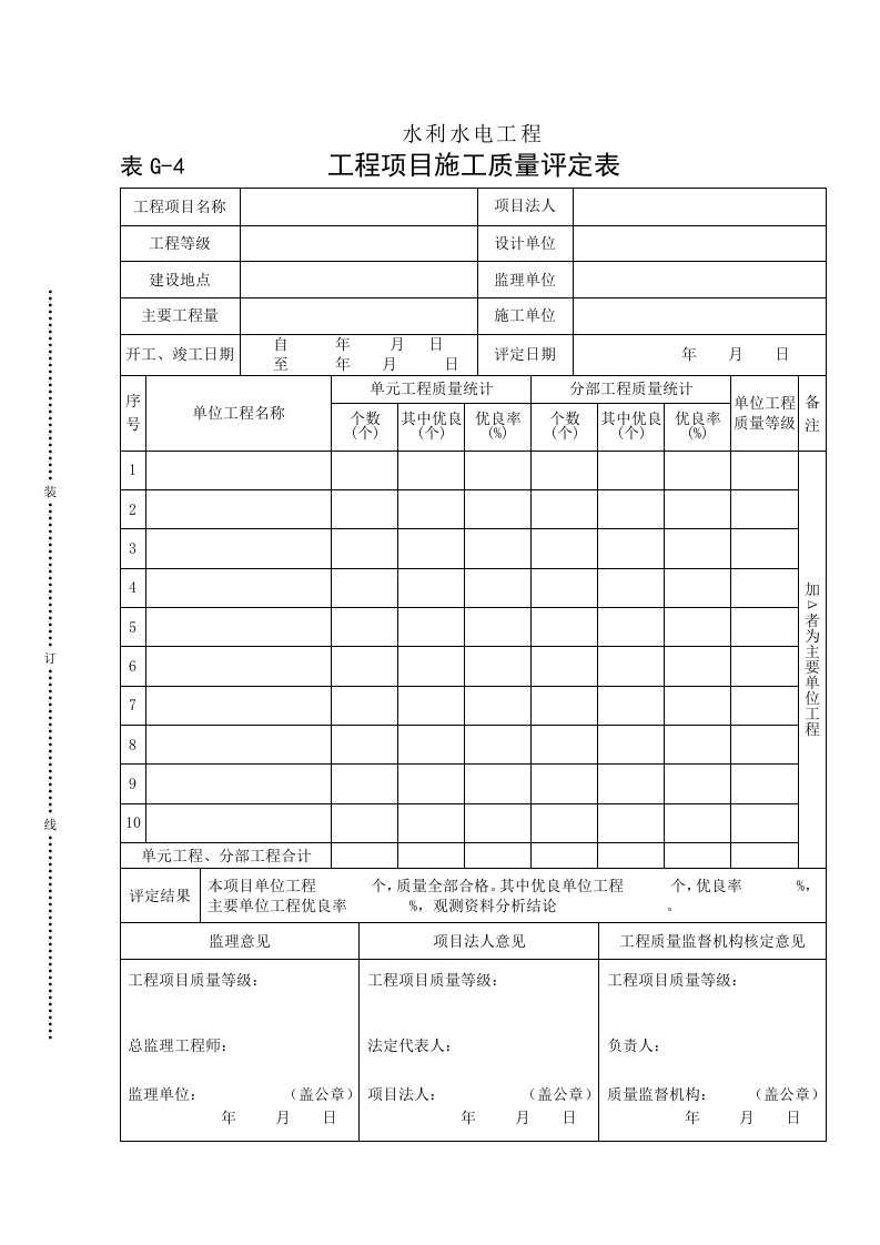 建筑资料-表G4程工项目施工质量评定表