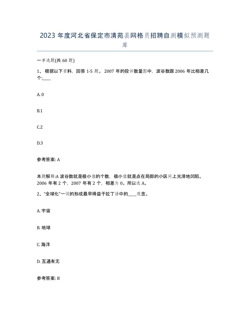 2023年度河北省保定市清苑县网格员招聘自测模拟预测题库