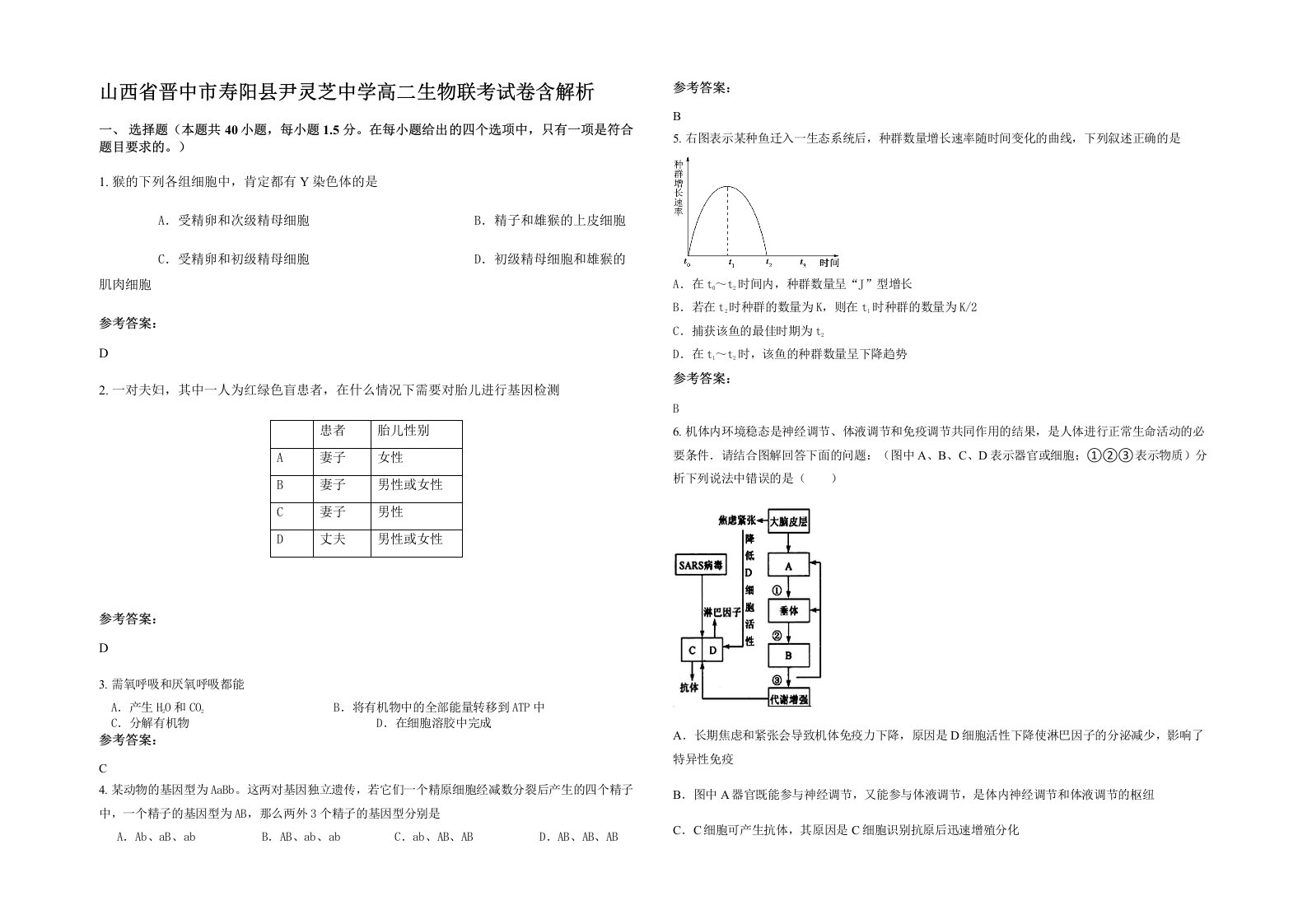 山西省晋中市寿阳县尹灵芝中学高二生物联考试卷含解析