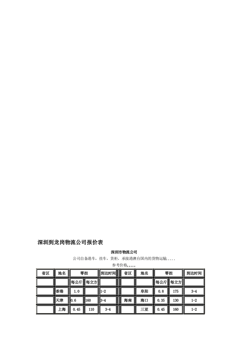 深圳到龙岗物流公司收费表