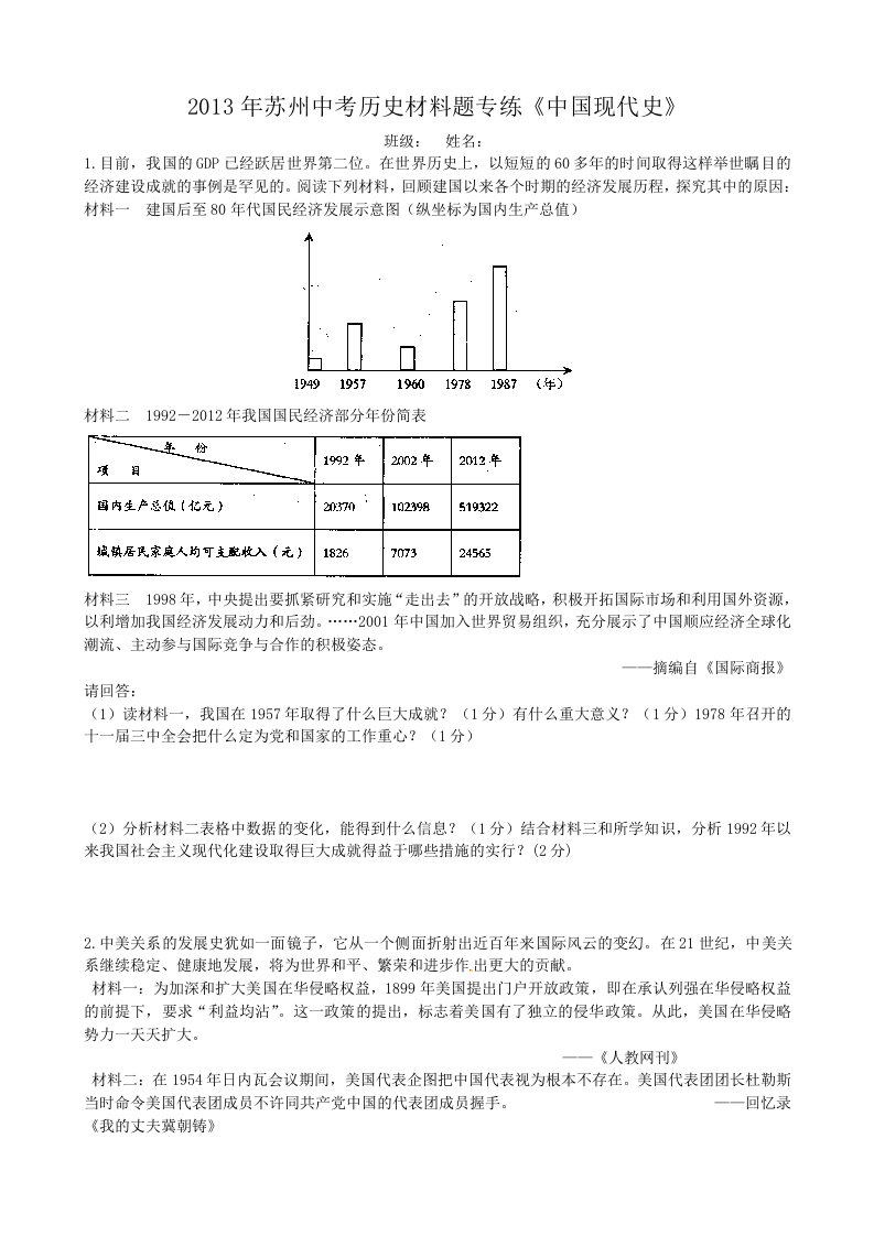 2013年苏州中考历史材料题专练《中国现代史》