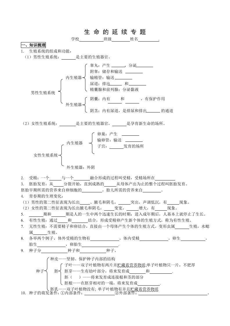 九年级科学中考复习资料生命的延续专题