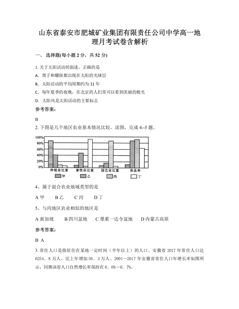 山东省泰安市肥城矿业集团有限责任公司中学高一地理月考试卷含解析