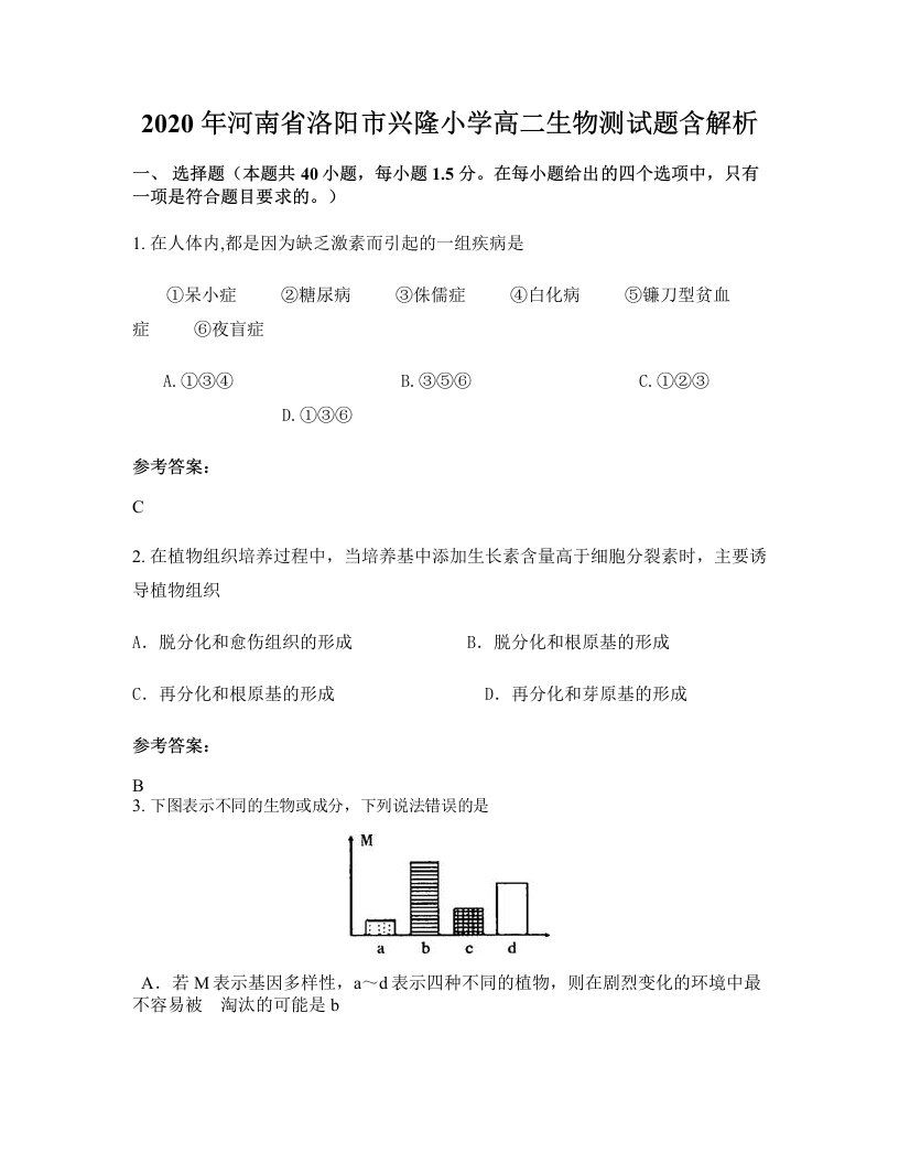 2020年河南省洛阳市兴隆小学高二生物测试题含解析