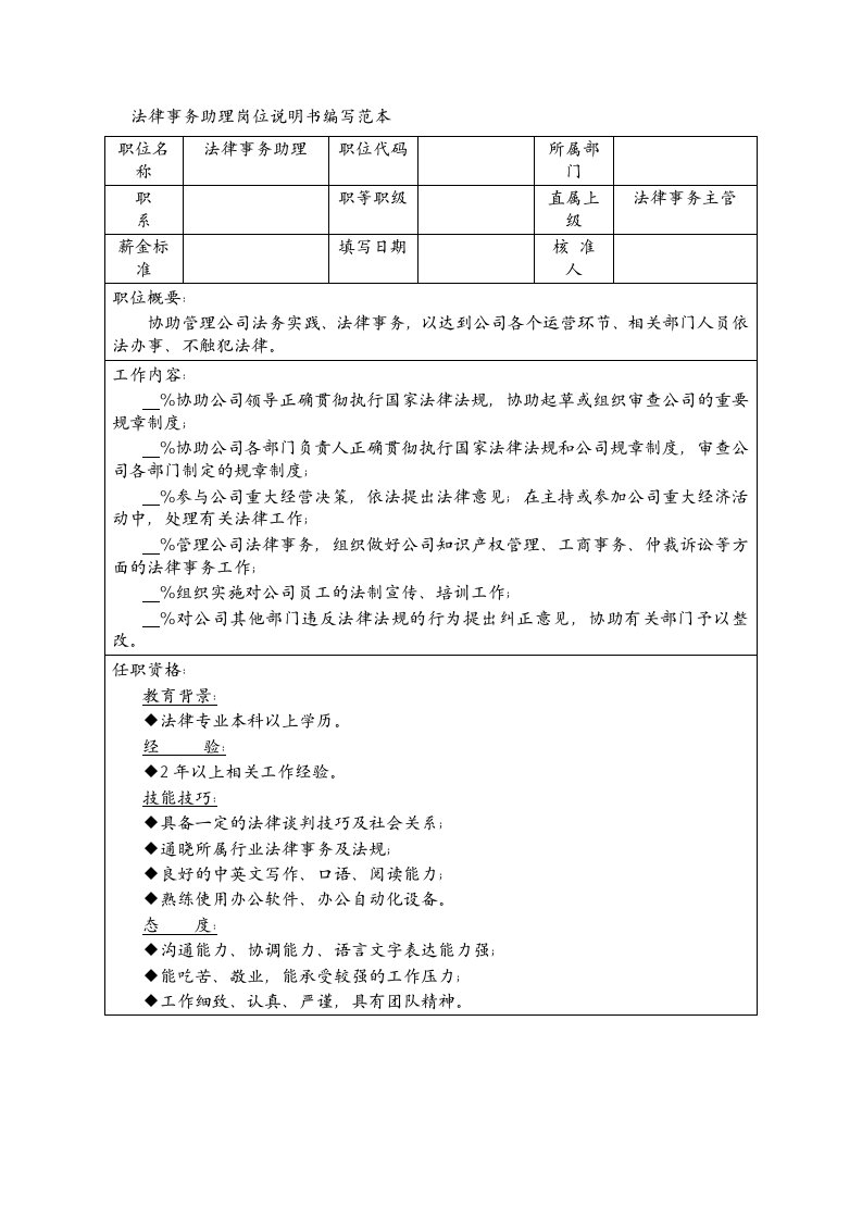 法律事务助理岗位说明书编写范本