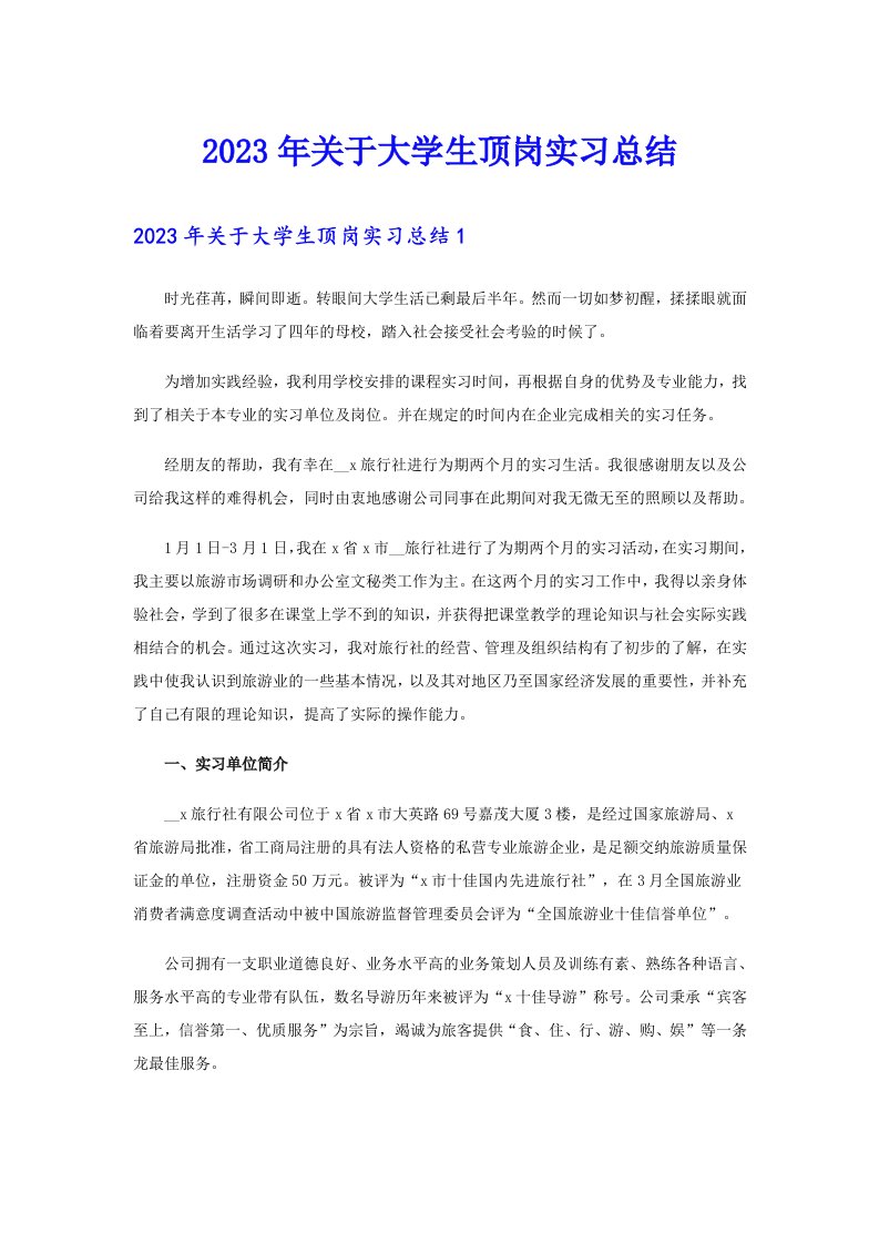 2023年关于大学生顶岗实习总结