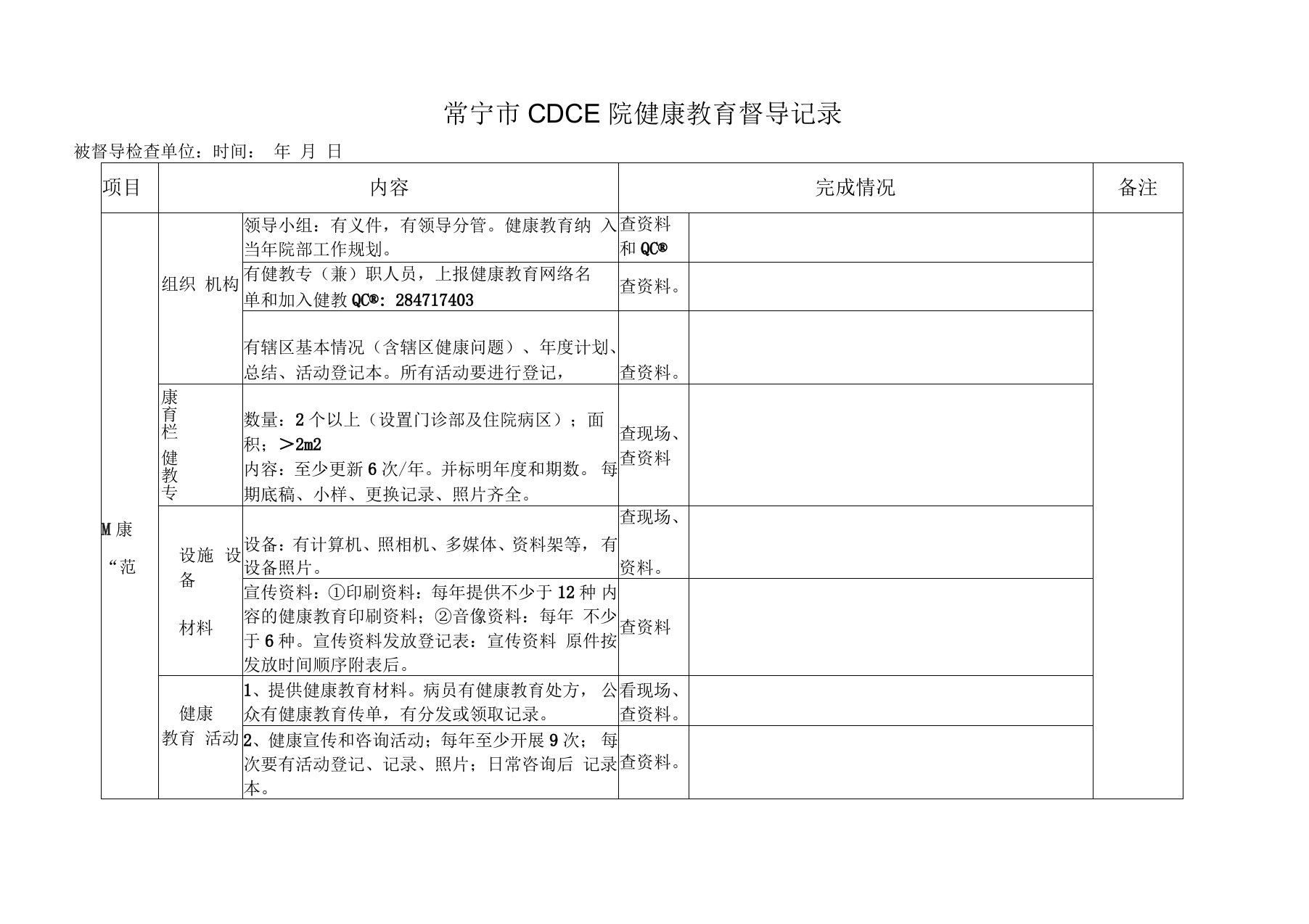 乡镇卫生院健康教育督导记录表