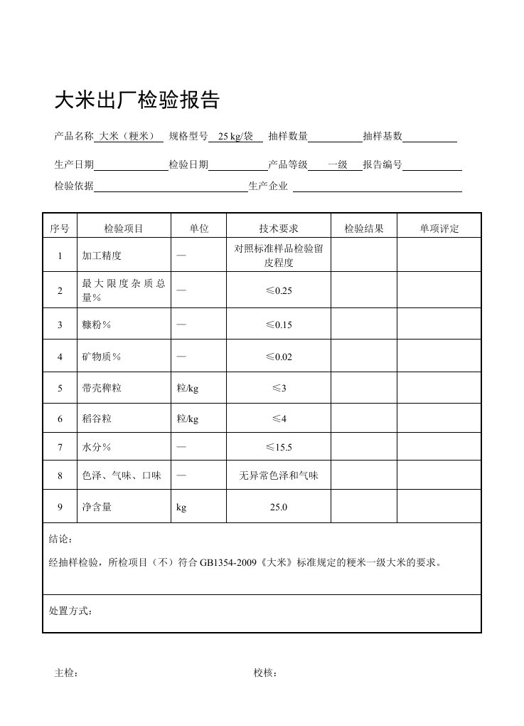 大米出厂检验报告原始记录111