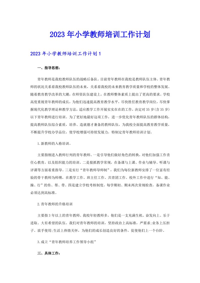 2023年小学教师培训工作计划