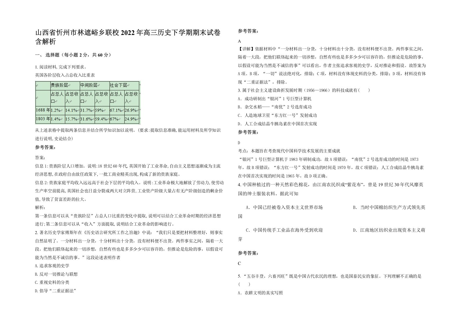 山西省忻州市林遮峪乡联校2022年高三历史下学期期末试卷含解析