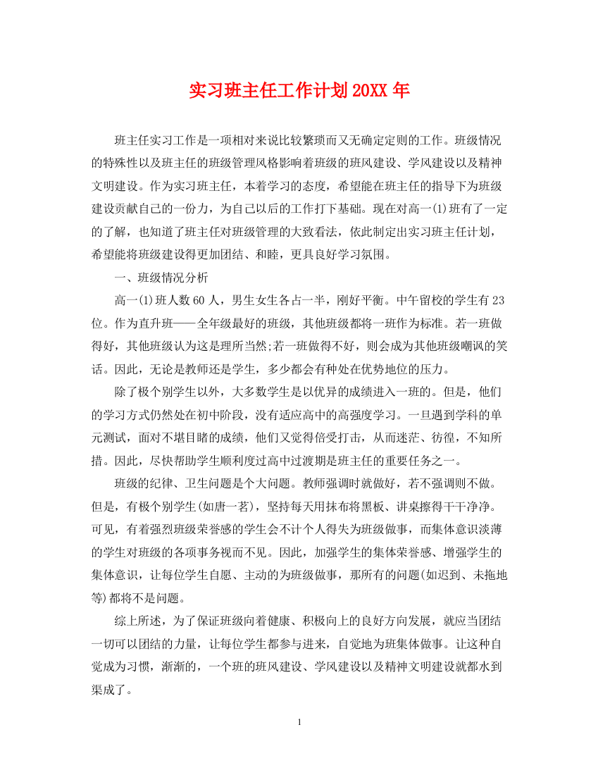 精编之实习班主任工作计划9