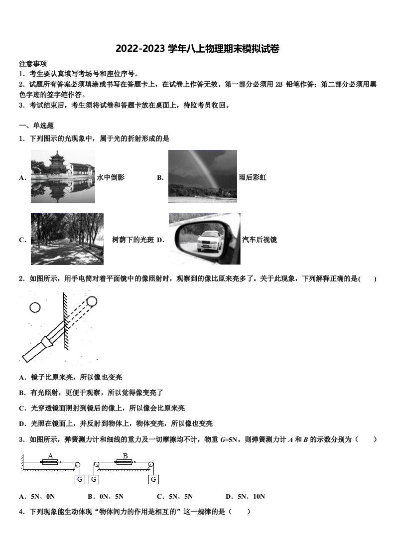 2022-2023学年安徽省名校八年级物理第一学期期末质量检测试题含解析