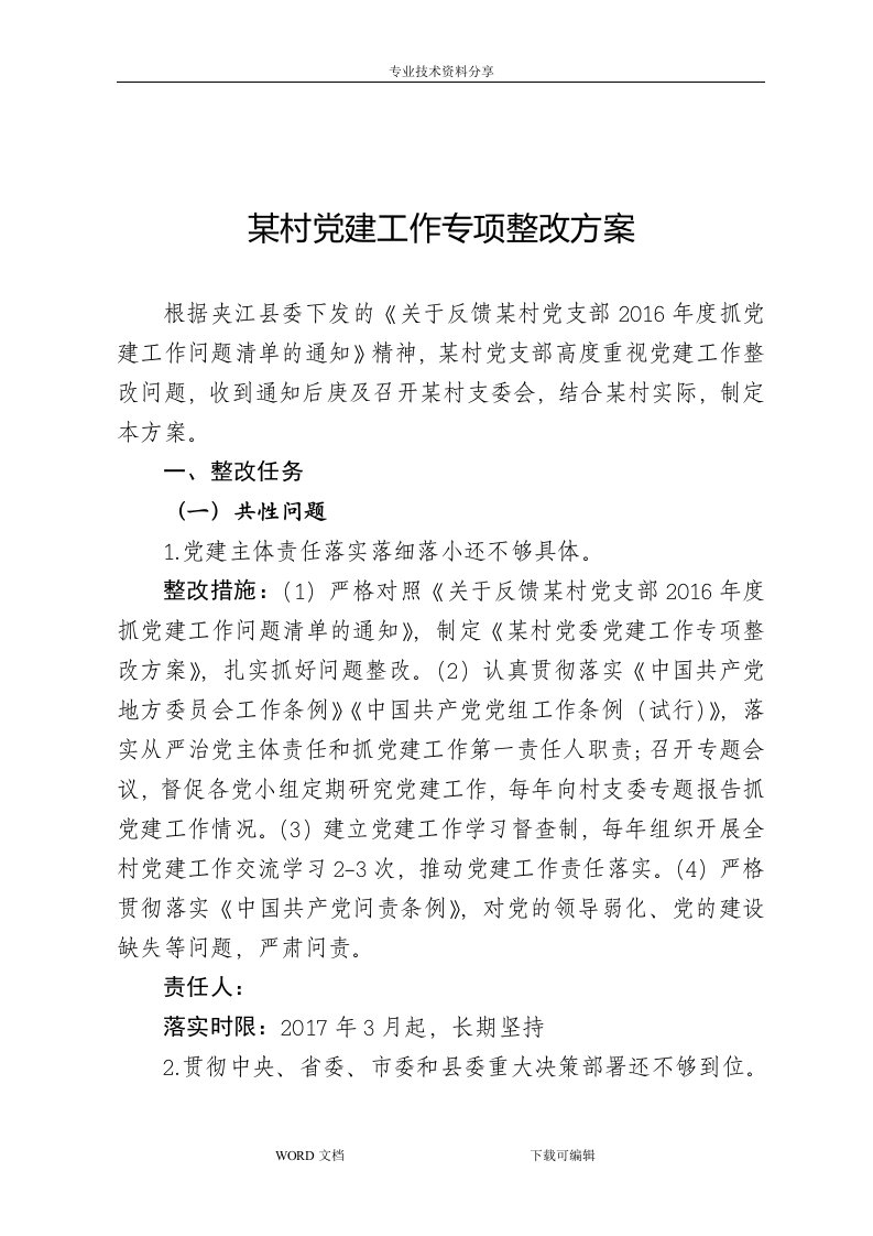 某村党建问题整改方案