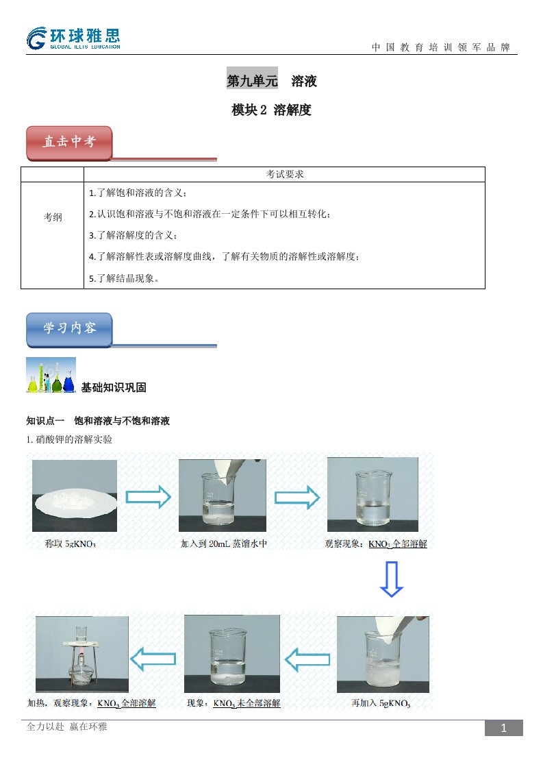 初三化学第九单元关于溶解度的所有题型和课堂精讲(含答案)