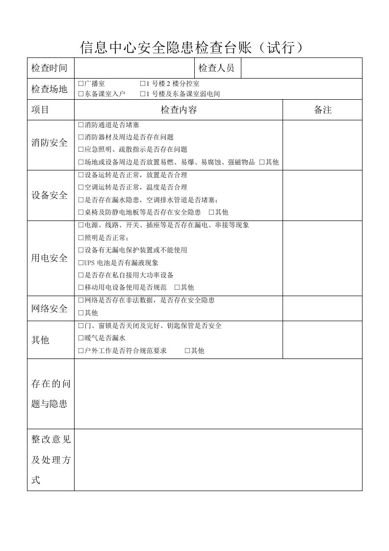 信息中心安全隐患检查台账1