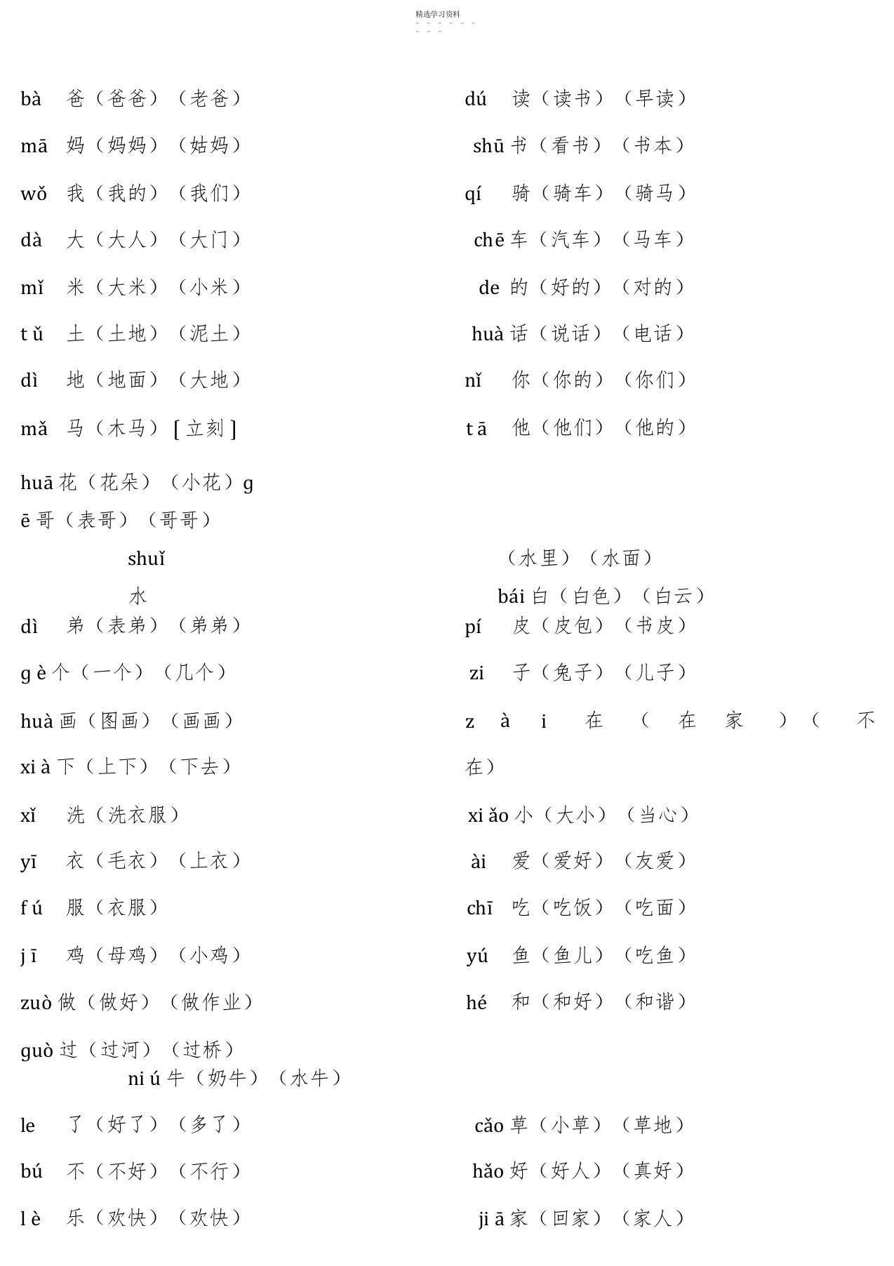 2022年人教版一年级上册语文生字表