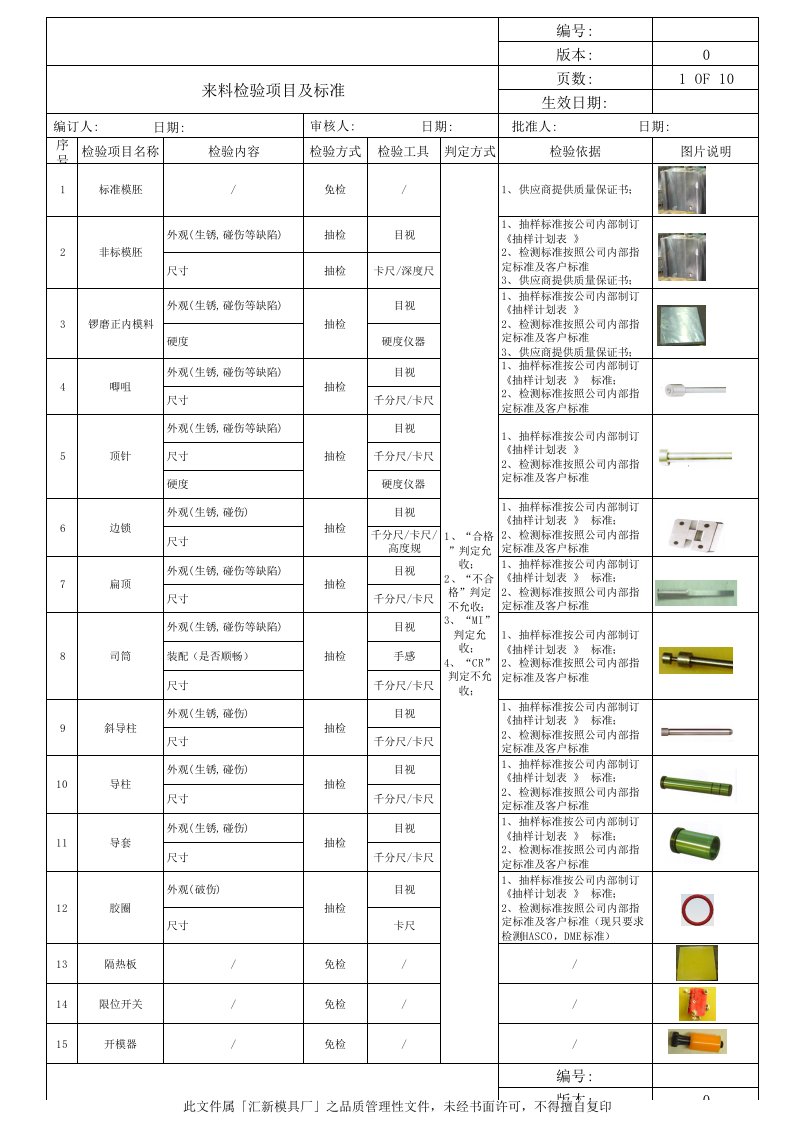 模具来料检验项目及标准