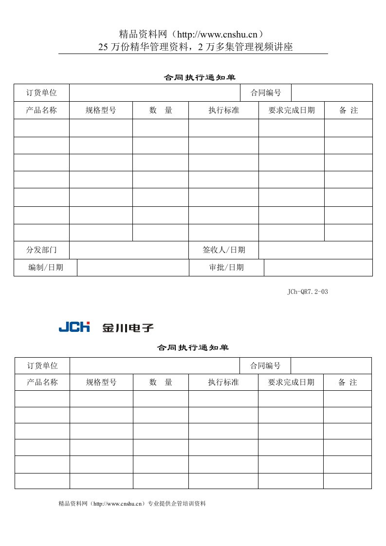 质量管理体系表格-合同执行通知书