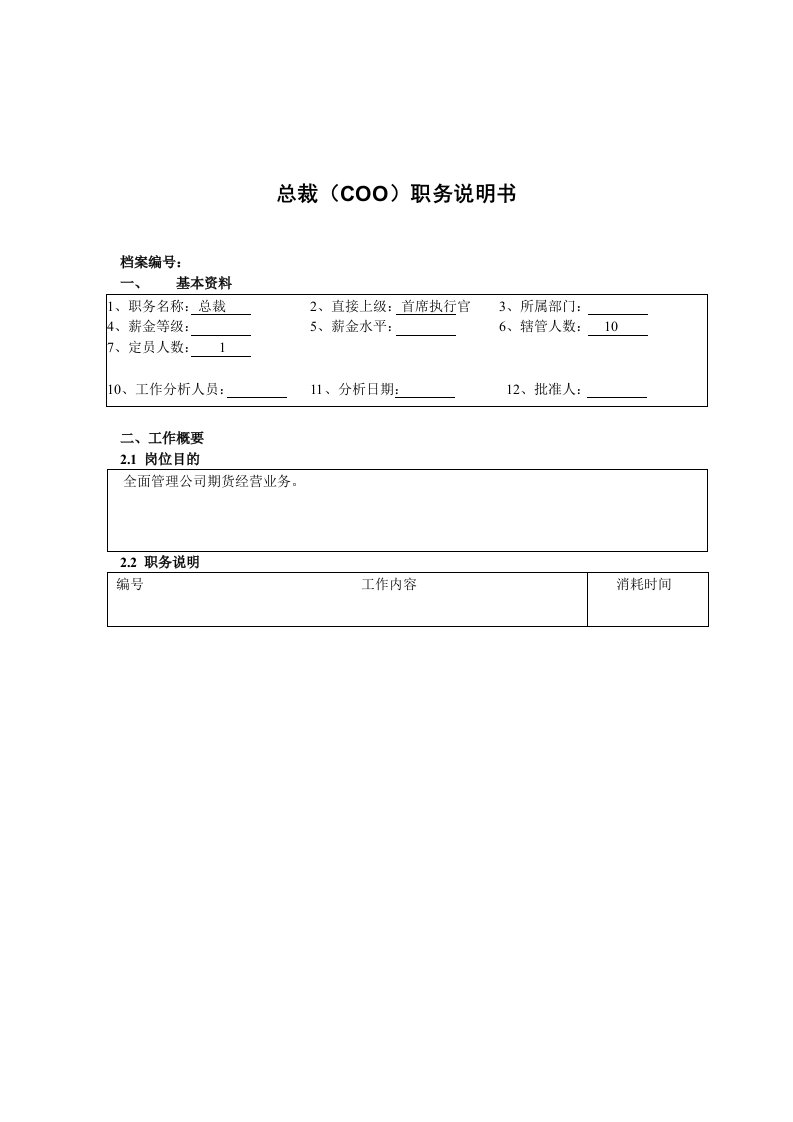 岗位职责-总裁COO职务说明书