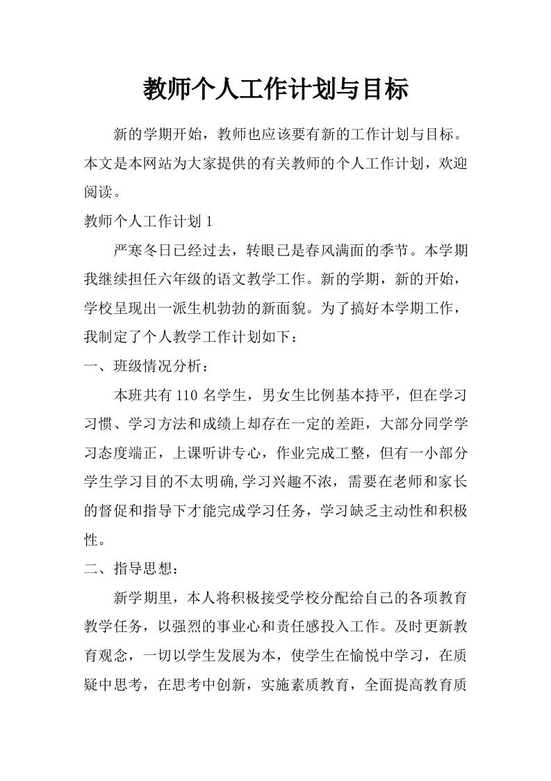 教师个人工作计划与目标