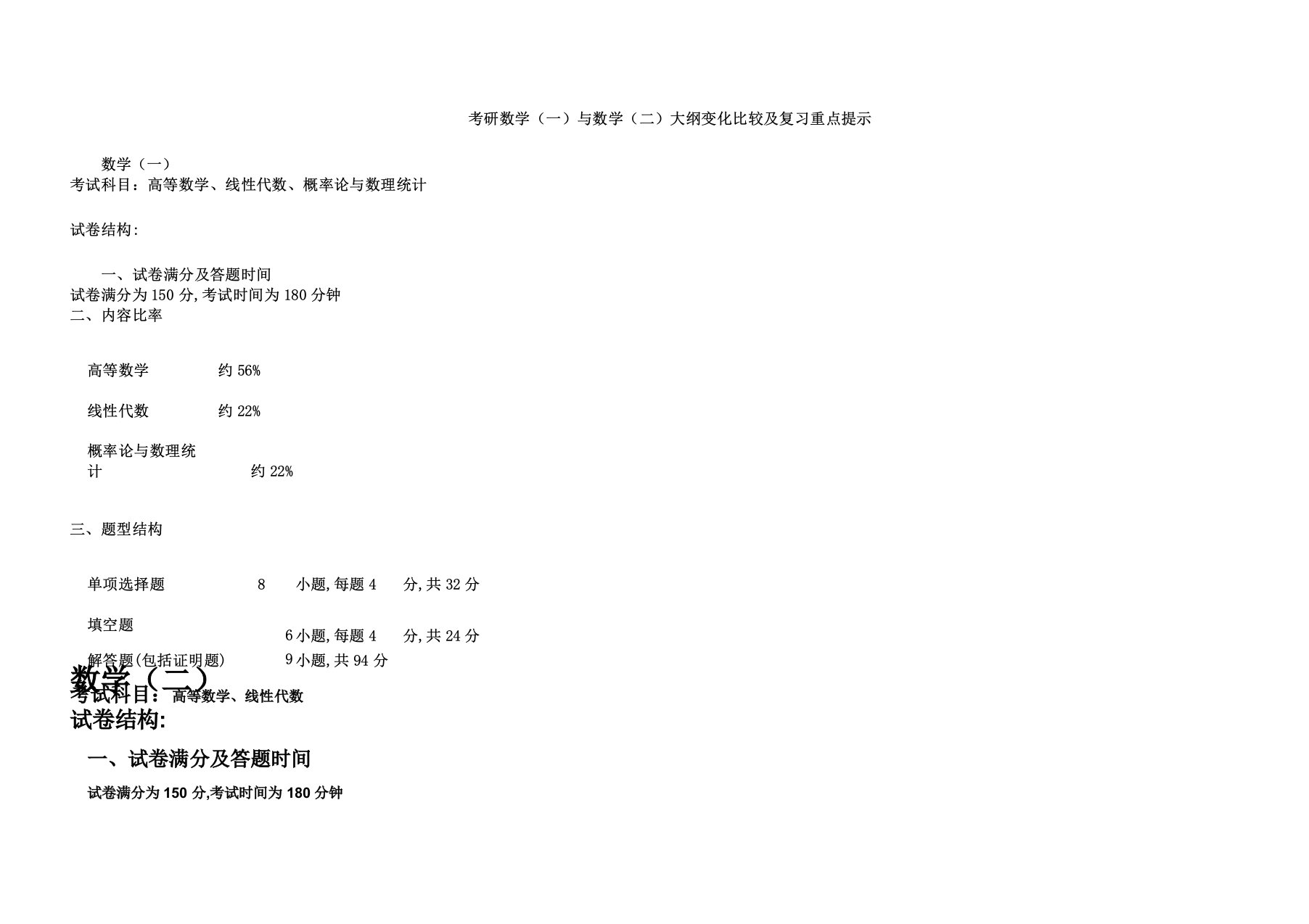 数学一与数学二考研大纲对比