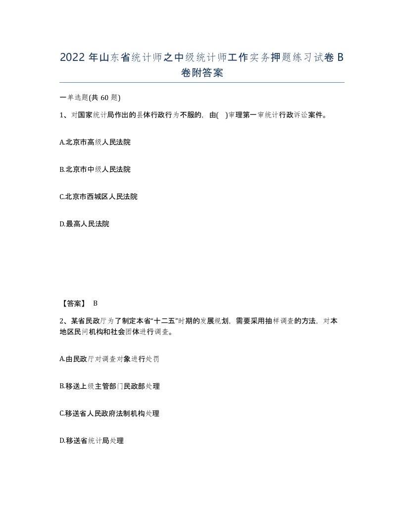 2022年山东省统计师之中级统计师工作实务押题练习试卷B卷附答案