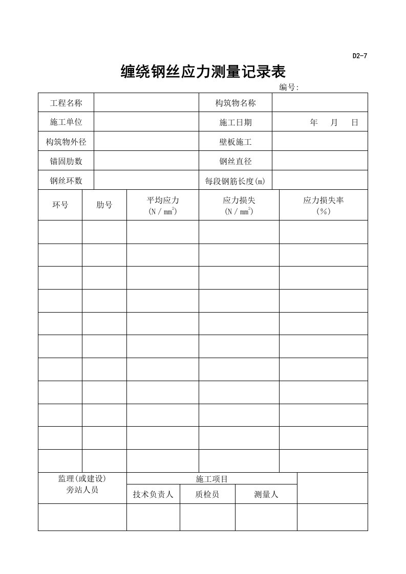 D2-7缠绕钢丝应力测量记录表