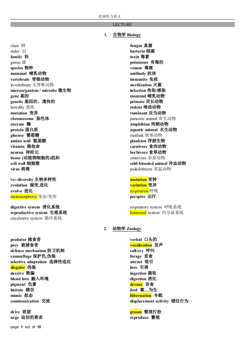 托福讲座学科词汇