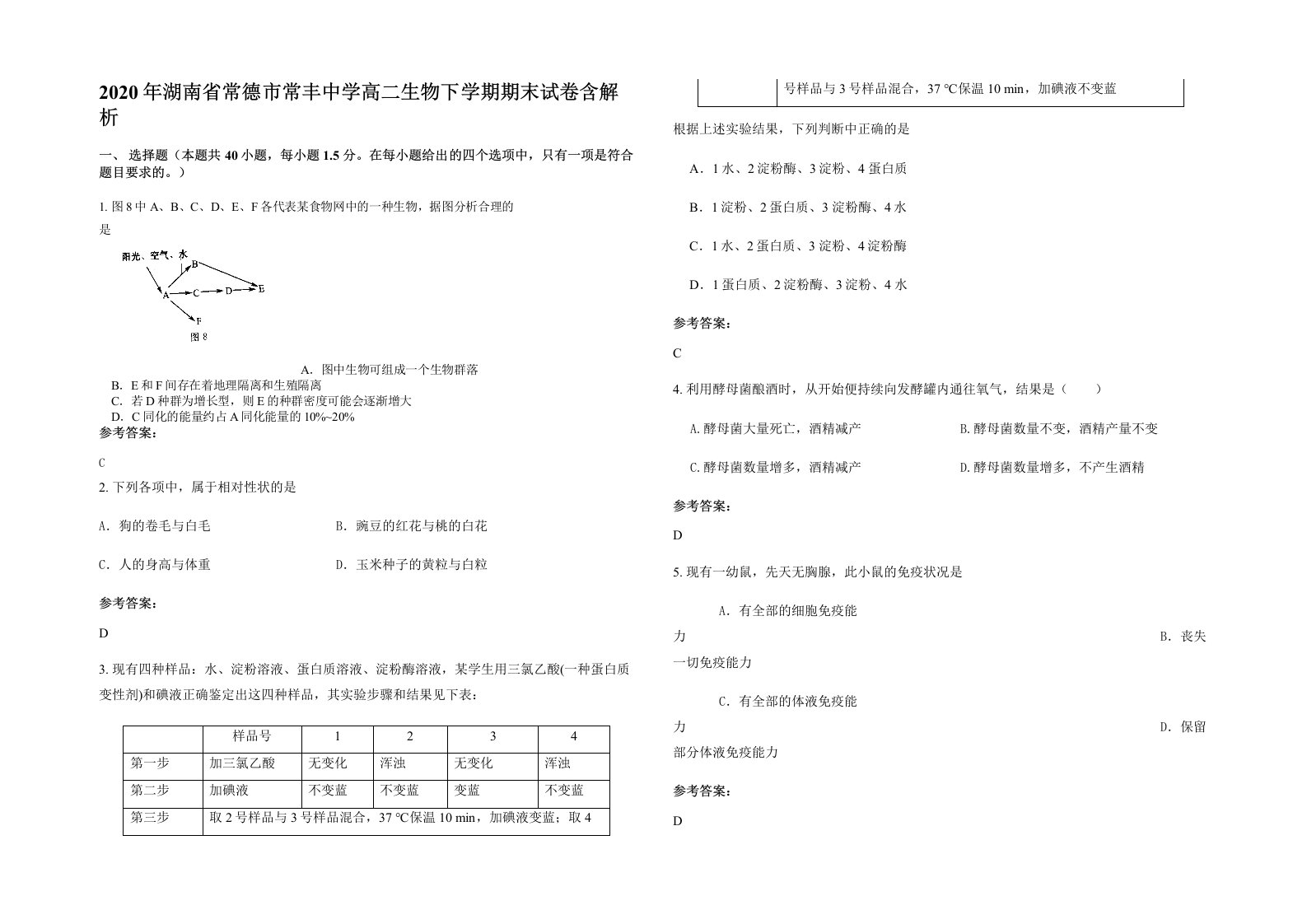 2020年湖南省常德市常丰中学高二生物下学期期末试卷含解析