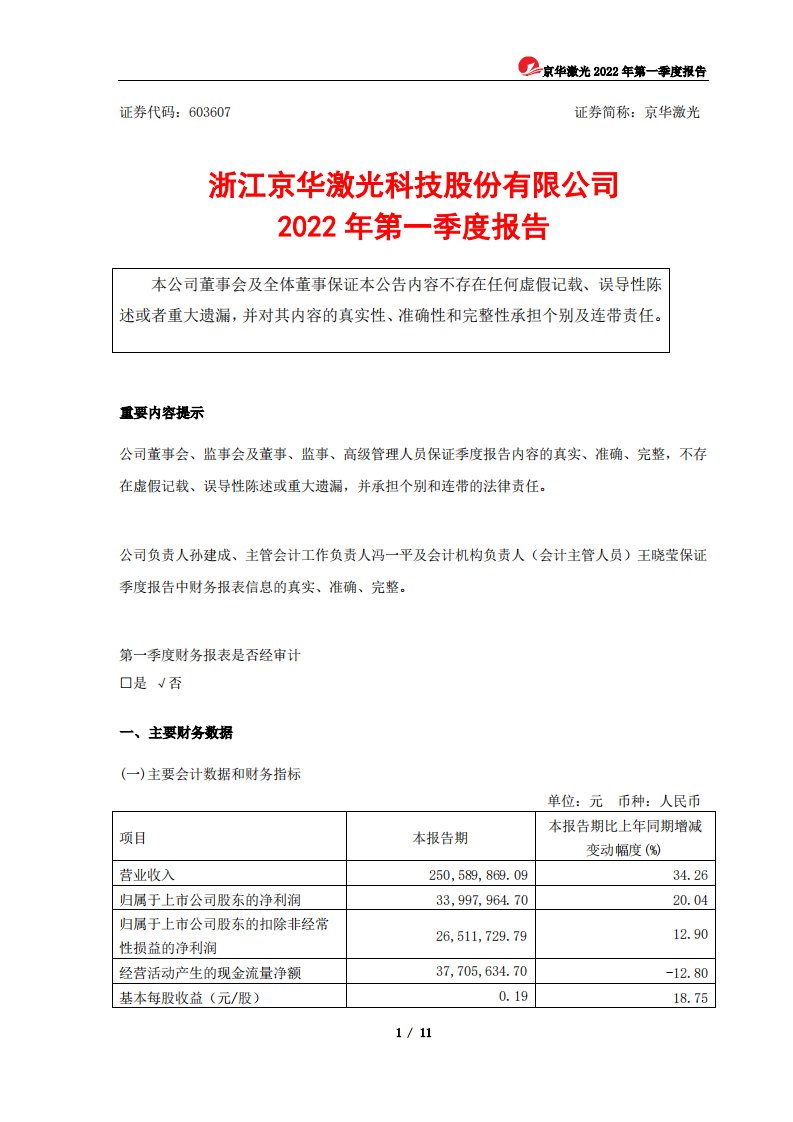 上交所-京华激光2022年第一季度报告-20220427