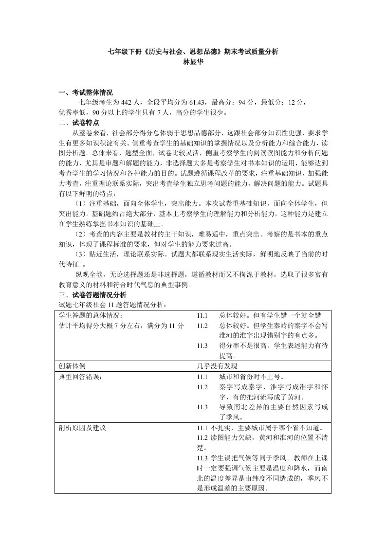 七年级下册《历史与社会、思想品德》期末考试质量分析