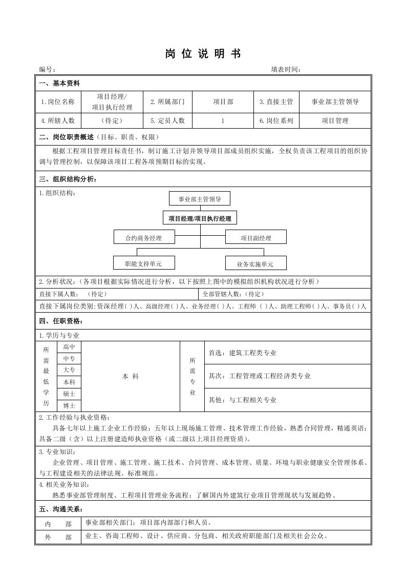 总承包项目经理岗位职责