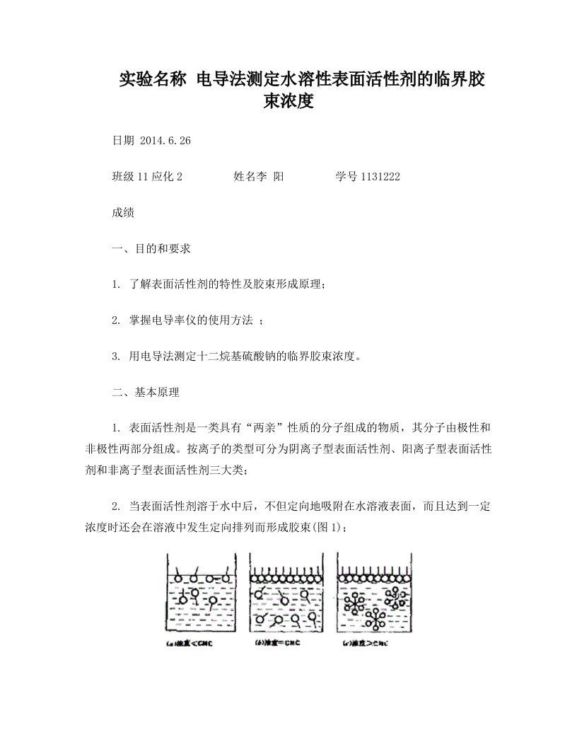 gxzAAA大学物理化学实验报告-电导法测定水溶性表面活性剂的临界胶束浓度