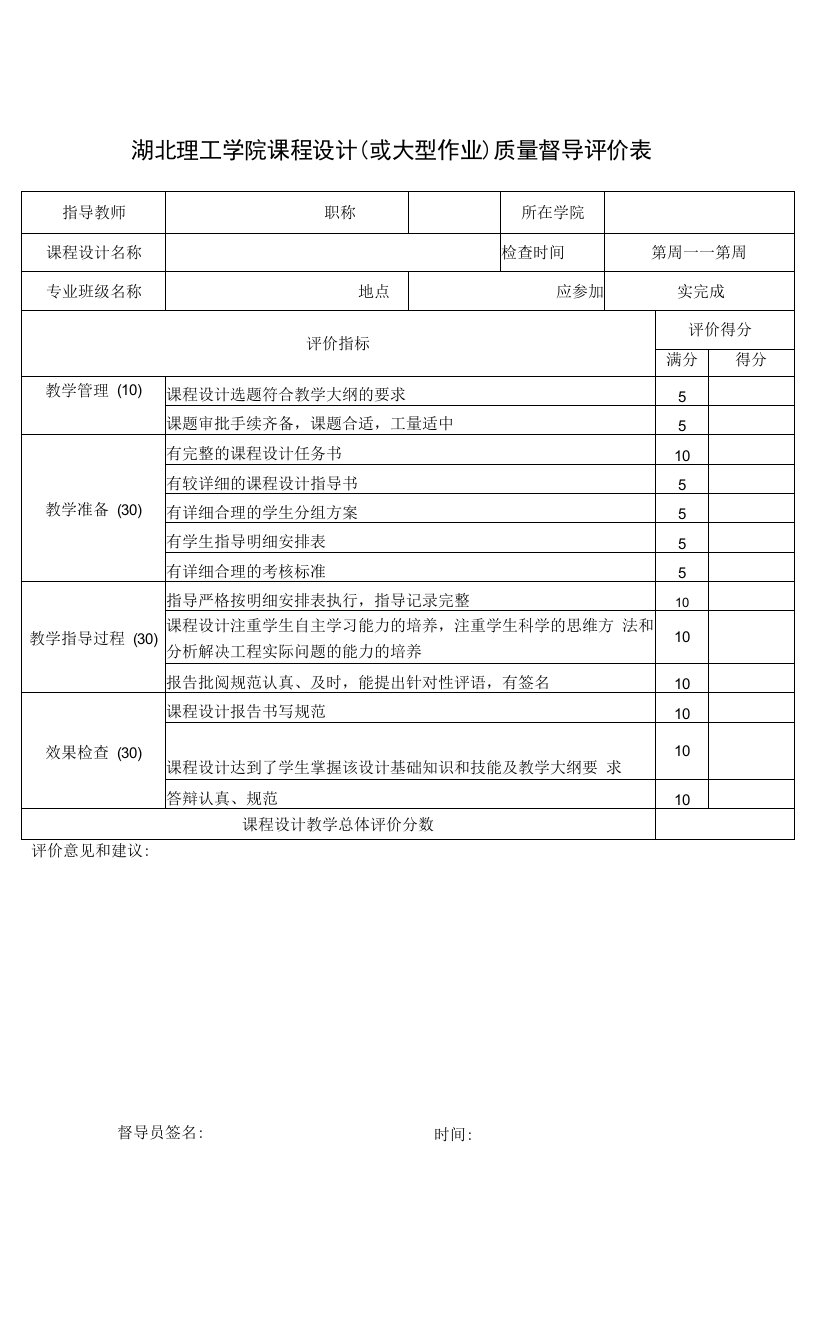 湖北理工学院课程设计(或大型作业)质量督导评价表