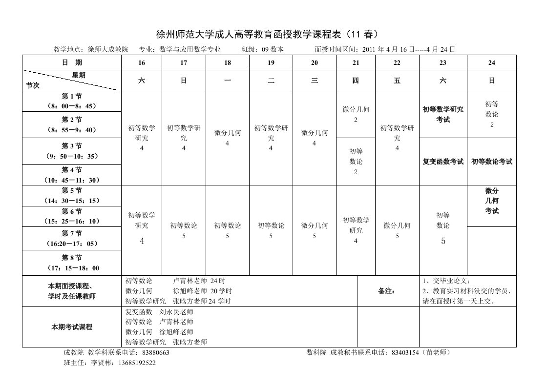 徐州师范大学成人高教育函授教学课程表（11春）