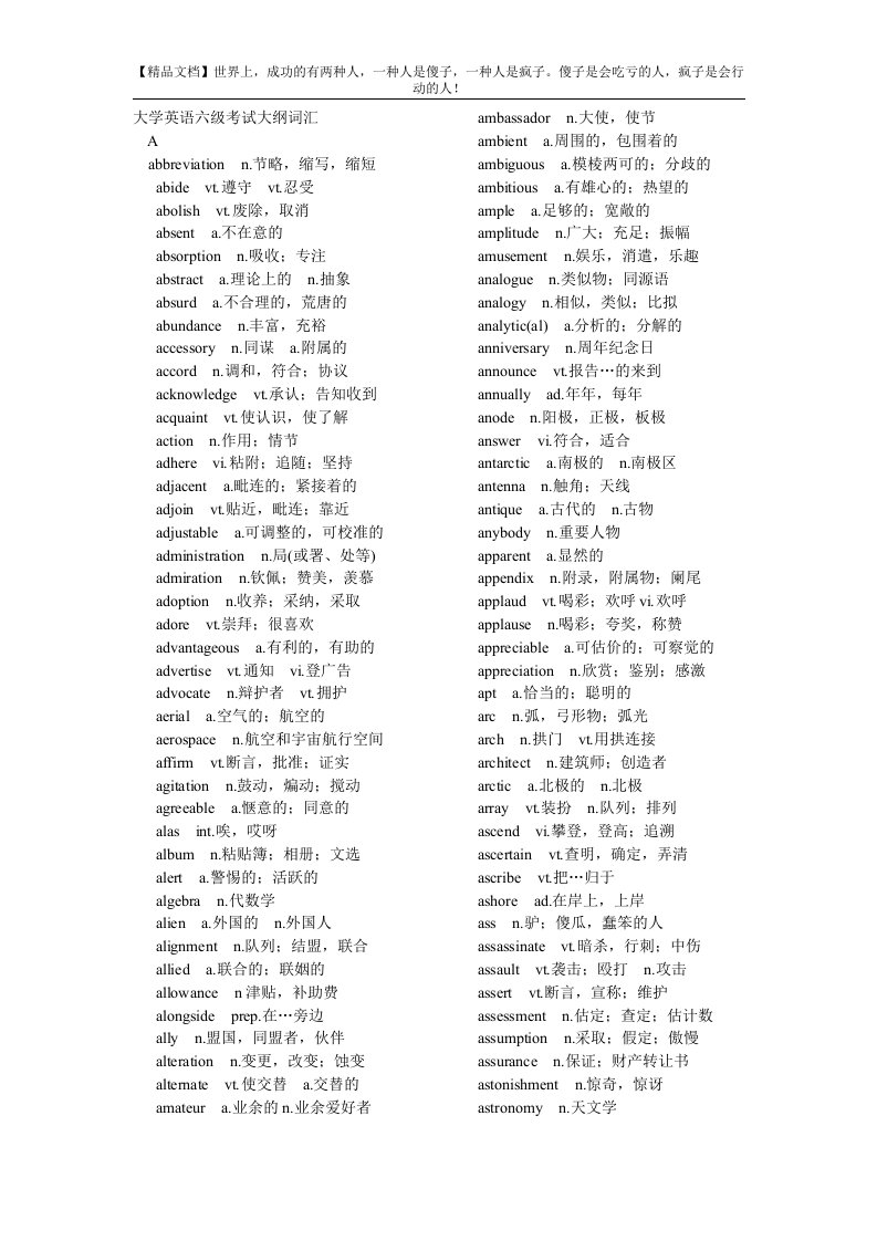 【精品文档下载】-大学英语六级考试大纲词汇（整理版）