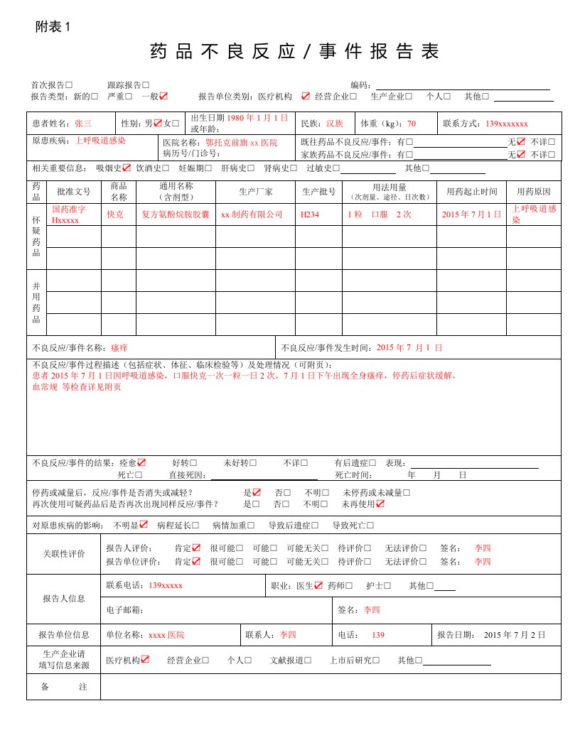 药品不良反应报告例子