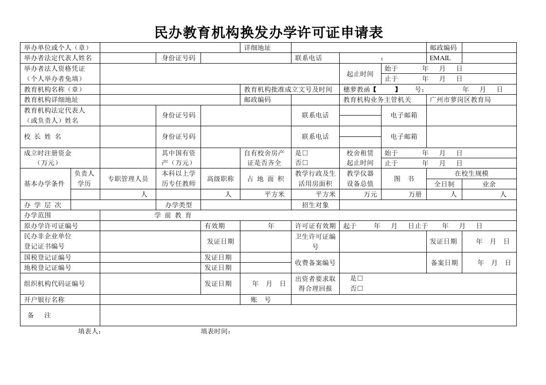 民办教育机构换发办学许可证申请表