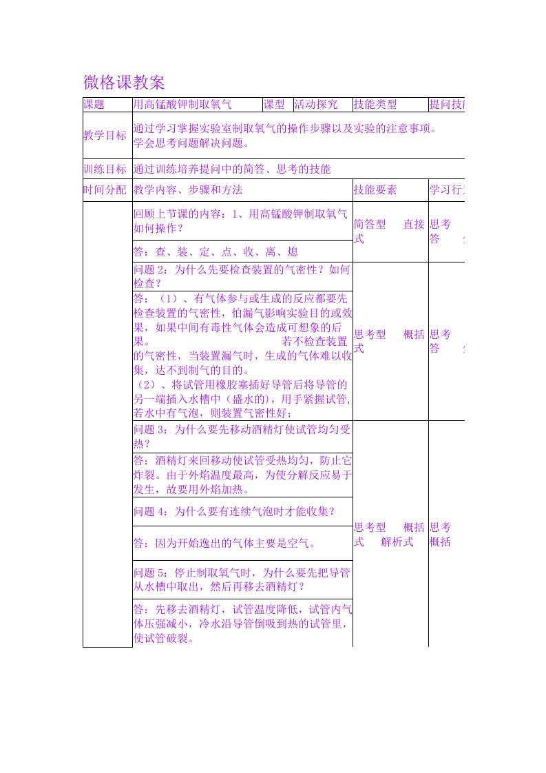 化学微格课教案高锰酸钾制取氧气