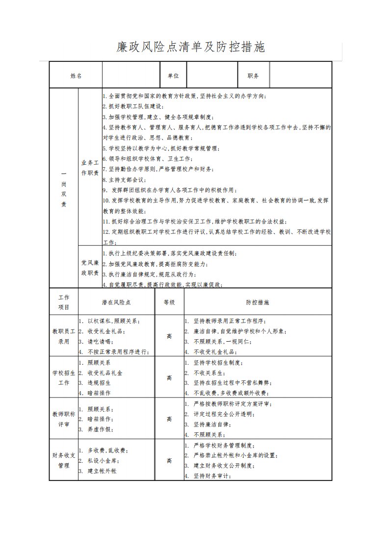 高中学校廉政风险点清单及防控措施