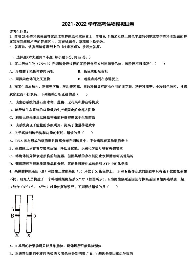 重庆市涪陵实验中学2021-2022学年高三第三次模拟考试生物试卷含解析