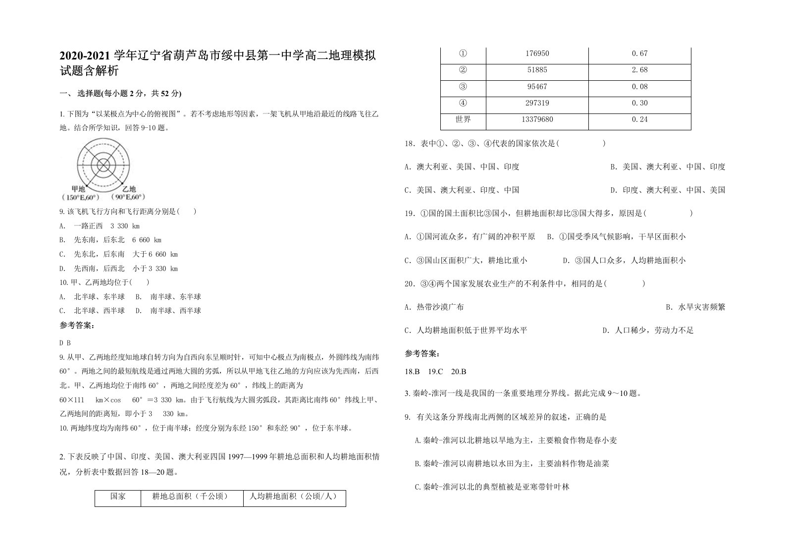 2020-2021学年辽宁省葫芦岛市绥中县第一中学高二地理模拟试题含解析