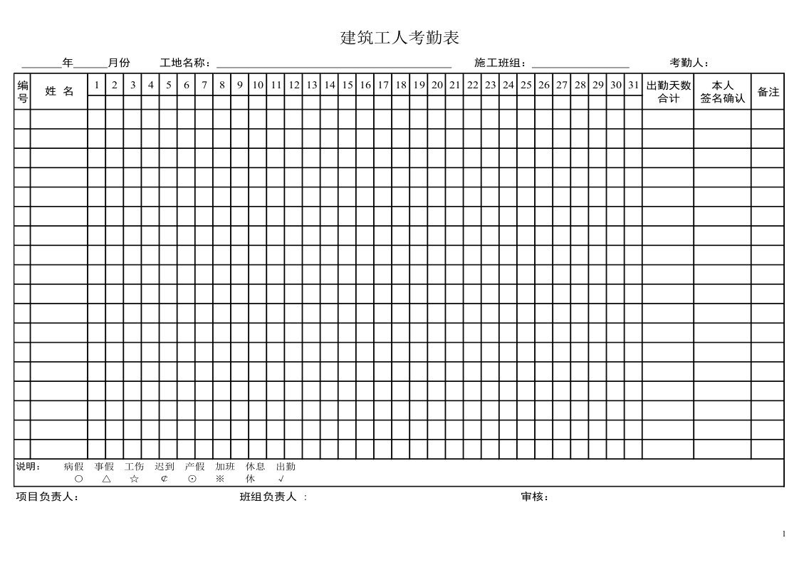 工程建筑工人考勤表(合同书等)