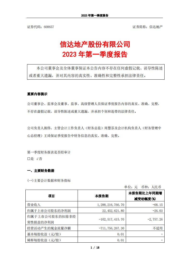 上交所-信达地产2023年第一季度报告-20230427