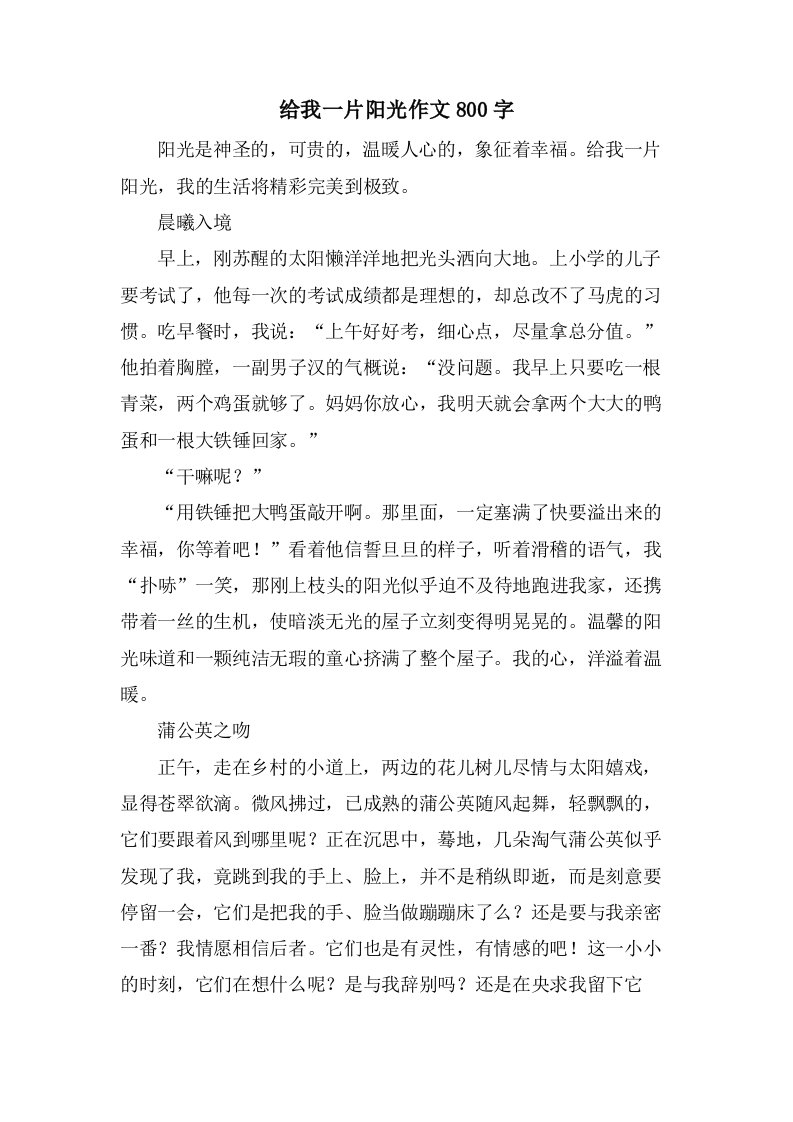 给我一片阳光作文800字