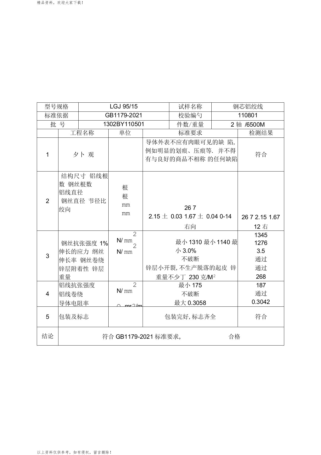 钢芯铝绞线电缆检验报告