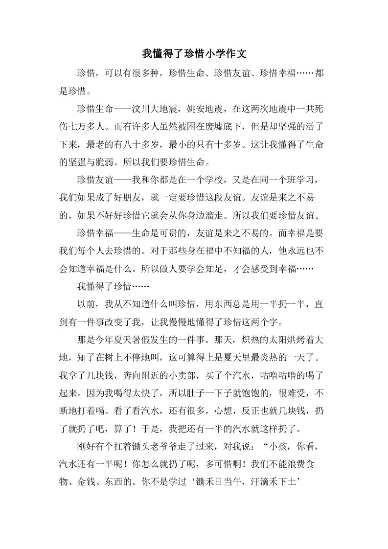 我懂得了珍惜小学作文