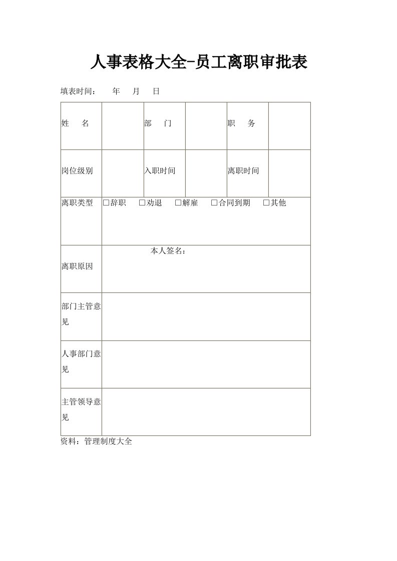 人事表格大全员工离职审批表