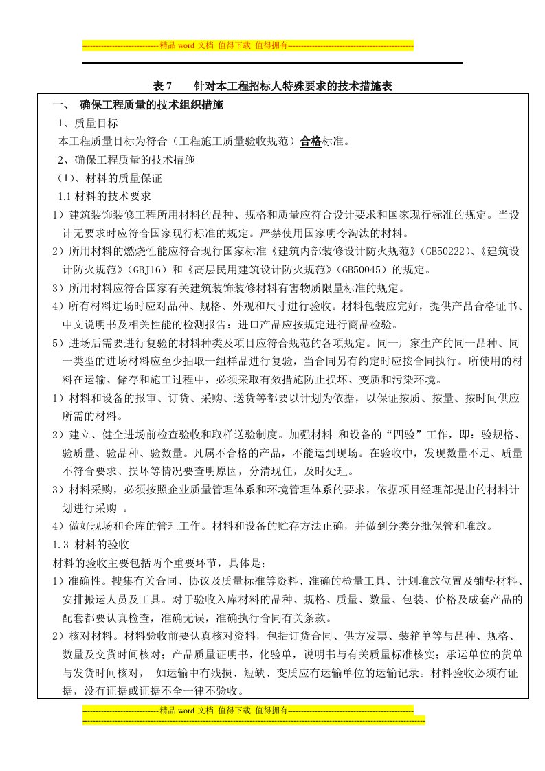 表7针对招标人特殊要求的技术措施表