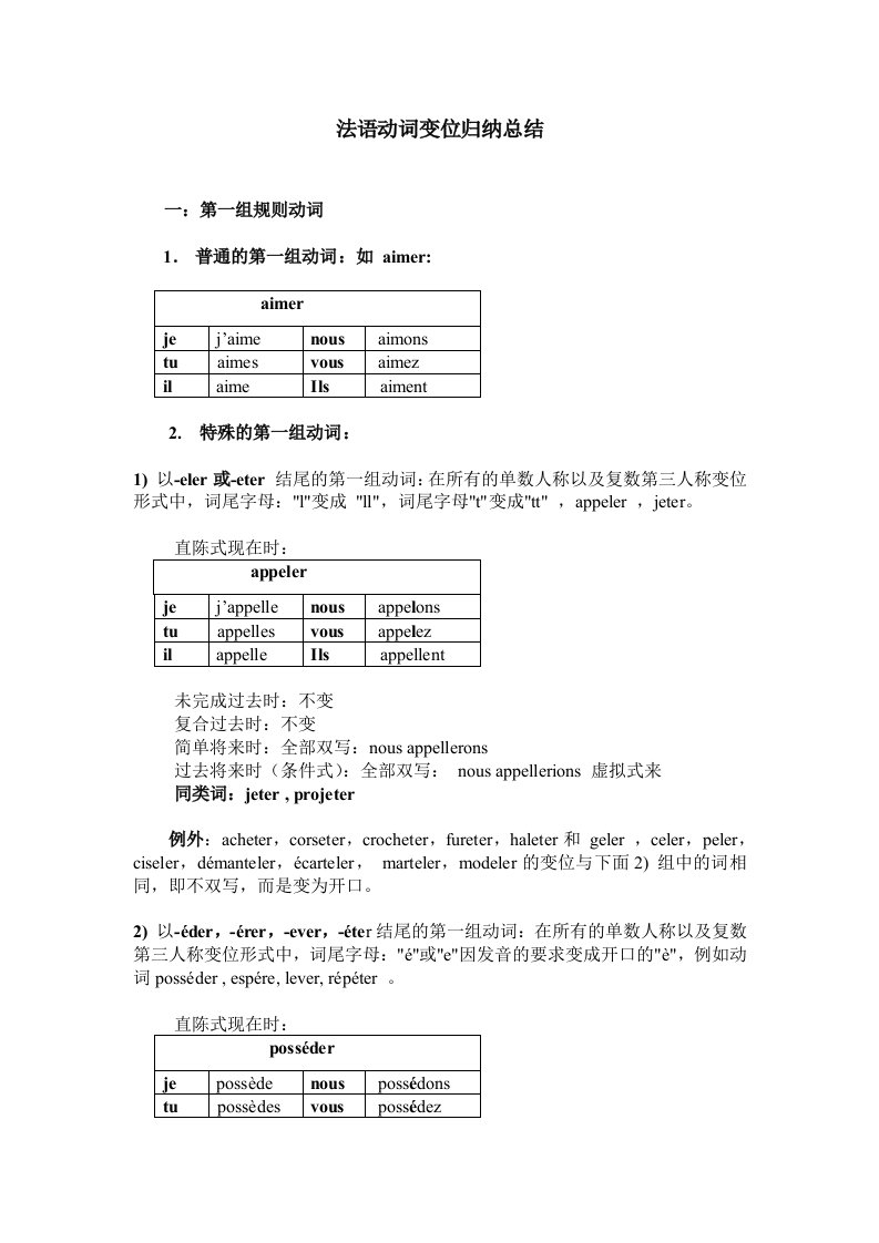 法语第一组动词变位归纳总结